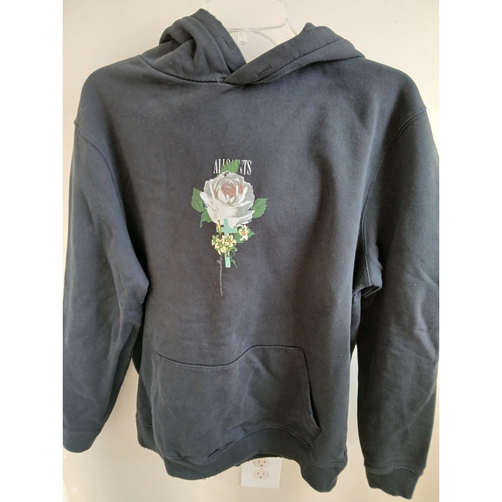 NWT ALL SAINTS Wreath Black Rose Graphic Hoodie Pullover X-Small Washed Black